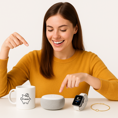 Ragazza che mette in evidenza una tazza, altoparlante smartuno smartwatch, 